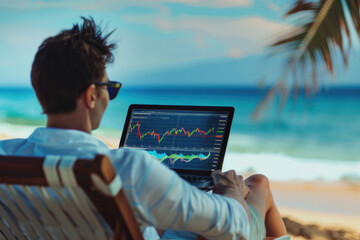 Successful rich stock trading investor, man trader or broker relaxing on summer beach at sea using laptop computer investing money in rising financial market analyzing charts on screen. Over shoulder. - obrazy, fototapety, plakaty