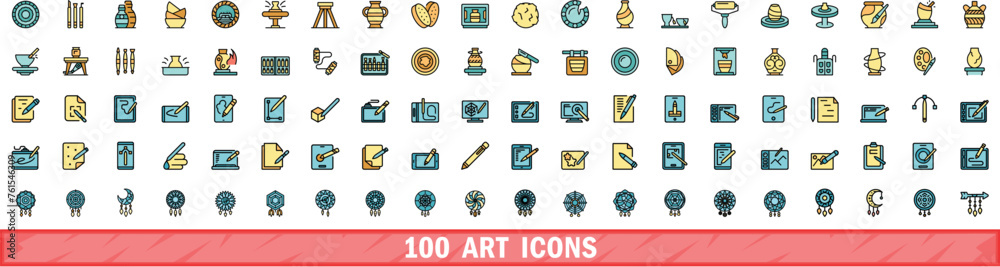 Wall mural 100 art icons set. Color line set of art vector icons thin line color flat on white - Wall murals