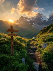 Mountain path with wooden signpost at sunset - A serene sunset illuminates a mountainous landscape with a wooden direction sign, epitomizing peaceful exploration