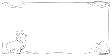 Line Art Corgi Dog Frame. One Continuous Line Drawn Border Isolated on White. Minimalist Black and White Doodle Sketch Illustration. Advertising Letter Blank Page Template. Editable Vector Symbol