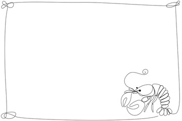Line Art Lobster Frame. One Continuous Line Drawn Border Isolated on White. Minimalist Black and White Doodle Sketch Illustration. Advertising Letter Blank Page Template. Editable Vector Symbol