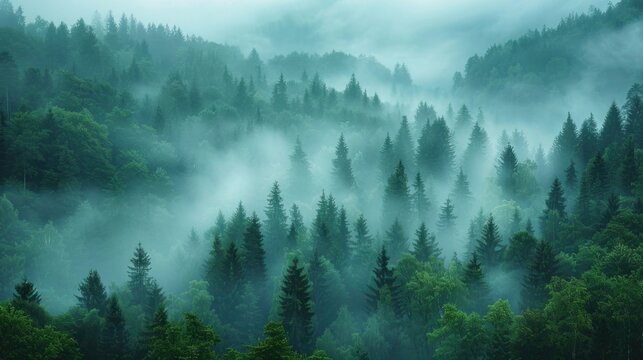Amazing mystical rising fog forest trees landscape in black forest blackforest ( Schwarzwald ) Germany panorama banner