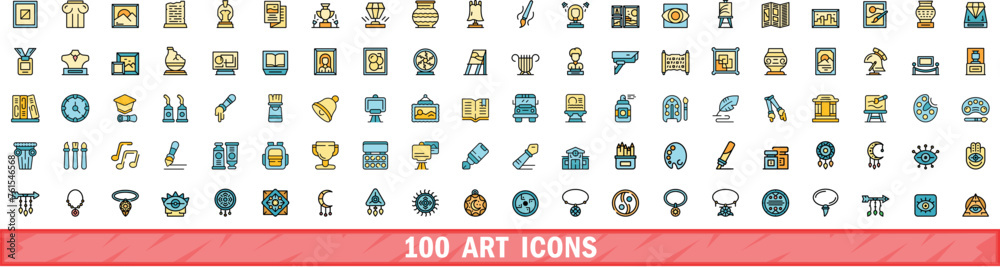 Sticker 100 art icons set. color line set of art vector icons thin line color flat on white - Stickers