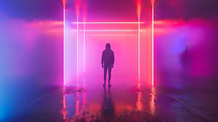 Silhouetted person against intense pink neon lights - The figure of a person is silhouetted against the backdrop of a surreal, intensely pink neon-lit environment