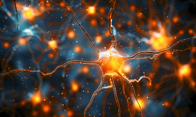 Une neurone et ses dendrites avec des impulsions électriques - obrazy, fototapety, plakaty