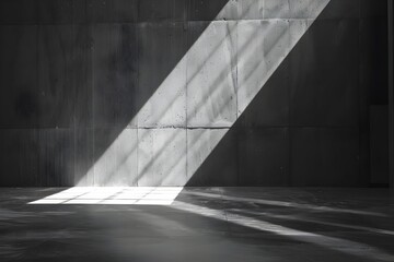 Beam of light in modern concrete room - Dramatic light beam coming through a window in a dark, empty concrete room, creating patterns on the floor - obrazy, fototapety, plakaty