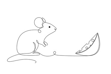 Line Art Mouse. Cute Small Curve One Continuous Line Sketch Icon Isolated on White Background. Black Thin Outline Drawn Domestic Animal Funny Doodle Symbol. Editable Vector Art Design