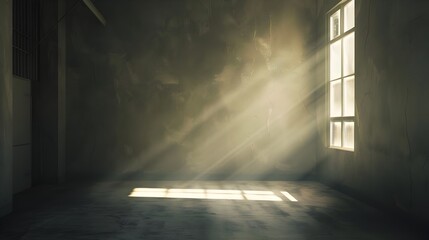 Golden sunlight illuminates an empty hall - Warm sunlight pours through the window, casting a soft glow in a spacious, desolate hall