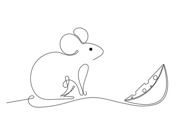 Line Art Mouse. Cute Small Curve One Continuous Line Sketch Icon Isolated on White Background. Black Thin Outline Drawn Domestic Animal Funny Doodle Symbol. Editable Vector Art Design