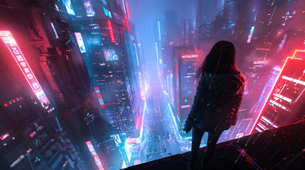 In a city of neon ascendance, a woman perceives the vastness and beauty of the illuminated urban expanse - obrazy, fototapety, plakaty