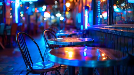 Colorful outdoor dining area at night - Vibrant outdoor seating arrangement in a nightlife district with tables reflecting colorful neon lights from the surrounding bars