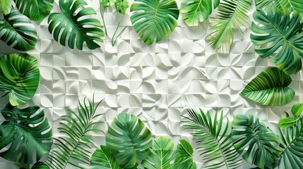 White green geometric floral tropical leaves 3d tiles wall texture background banner