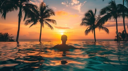 man lying in a pool on his back at a sunset on a beautiful paradisiacal beach in high resolution and high quality