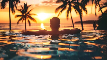 man lying in a pool on his back at sunset on a beautiful paradisiacal beach in high resolution and high quality. vacation concept