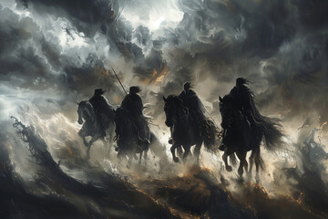 four horsemen silhouetted against a backdrop of swirling storms and crashing waves, heralding the end of days with dread and foreboding, - obrazy, fototapety, plakaty