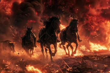 A close-up shot of the 4 horsemen's steeds, their eyes ablaze with supernatural fury, as they trample over the broken remnants of civilization, - obrazy, fototapety, plakaty