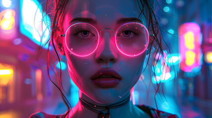 This digital painting depicts a woman with neon lighting and a cinematic wet skin effect