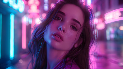 Ethereal digital portrait of a young woman with a soft neon light ambiance