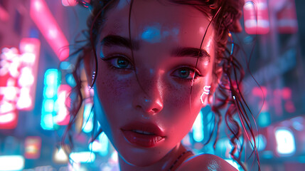 A highly detailed digital rendering of a girl's face with neon cityscape reflections