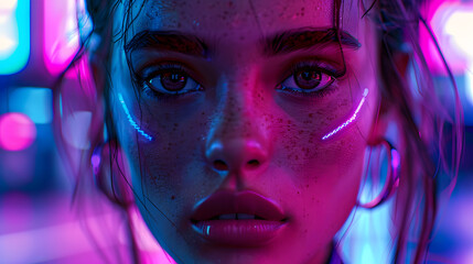 Digital artwork presenting a detailed portrait of a woman amidst bright neon light