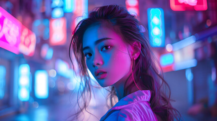 A portrait of a young woman with sparkling makeup against a backdrop of vibrant neon city lights at night