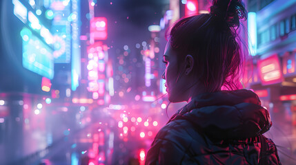 A female figure gazes at a futuristic cityscape illuminated by neon lights and digital billboards, evoking a cyberpunk aesthetic