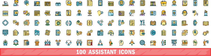 100 assistant icons set. Color line set of assistant vector icons thin line color flat on white
