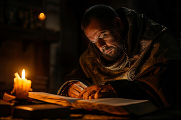A cloistered monk, illuminated by the soft glow of candlelight, engrossed in prayerful meditation with an ornate Bible by his side,