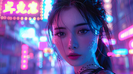 This digital art piece features a stylized female face highlighted by neon reflections, giving it a sci-fi urban vibe