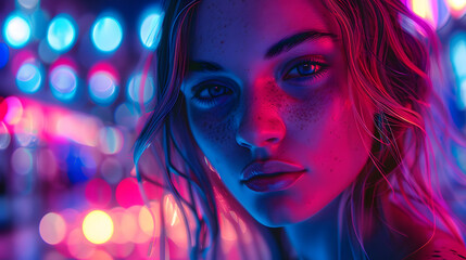 A digital art portrait showcasing a young woman's profile with neon bokeh lights in the background