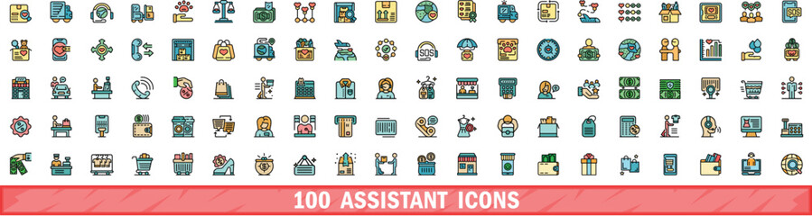 100 assistant icons set. Color line set of assistant vector icons thin line color flat on white