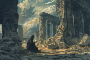A humble hermit, deep in contemplation amidst the ruins of an ancient temple, clutching a weathered Bible as a beacon of hope in a desolate landscape, - obrazy, fototapety, plakaty