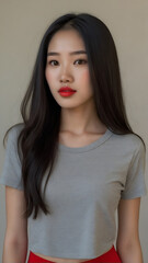 A asian woman with long black hair and bright red lipstick, wearing a grey crop top and red skirt