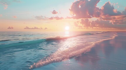 lofi anime vibe, The sun sets over tranquil ocean waters, casting a warm glow on the waves and cotton candy clouds in the sky.

