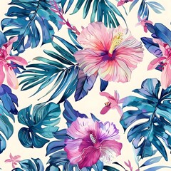 Beautiful seamless vector water color floral pattern, spring summer background, jungle leaf, Exotic wallpaper