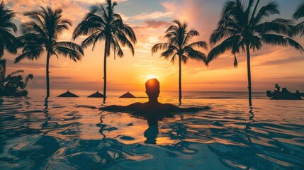 man lying in a pool on his back at sunset on a beautiful paradisiacal beach in high resolution and high quality. vacation concept,beach,man,rest,sunset - obrazy, fototapety, plakaty