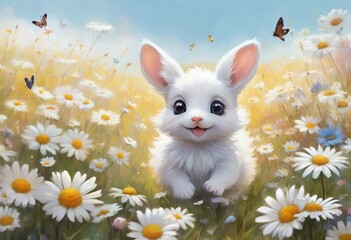 happy animal in a field of daisies.
