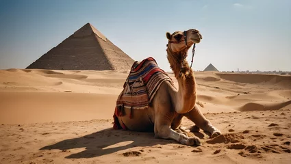 Fototapeten A camel in the desert with a background view of the Giza pyramids and a clear sky. © Rizky Rahmat Hidayat