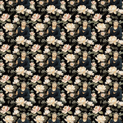 Buddha, flowers, dark background, seamless pattern