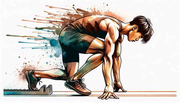 an Asian male runner poised to sprint from the starting blocks