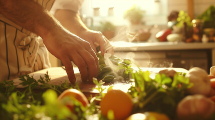 Chef garnishing a dish with green herbs in a sunlit kitchen. Close-up action shot with natural light. Cooking process and culinary arts concept