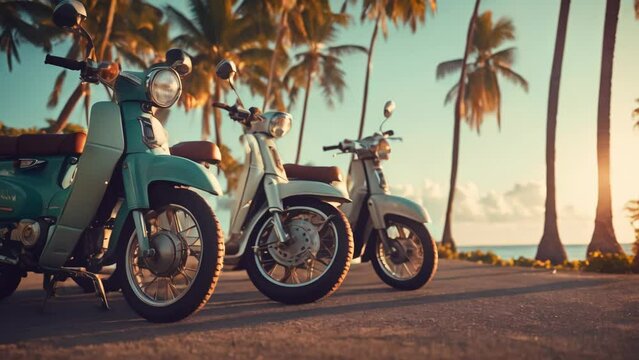 Tropical Tranquility: Scooters by the Seaside. Generative ai