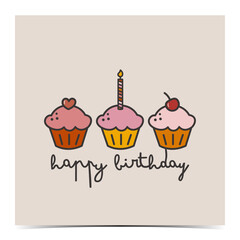 Cute birthday greeting card, poster, template, label with with a set of colorful cupcakes and a birthday candle