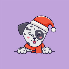 Christmas vector flat illustration in cartoon style with cute dalmatian dog wearing Santa Claus hat
