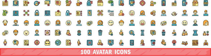 100 avatar icons set. Color line set of avatar vector icons thin line color flat on white