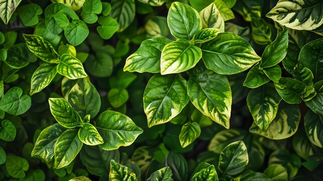 Closeup green leaves of tropical plant in garden. Dense green leaf with beauty pattern texture background. Green leaves for spa banner background. Green wallpaper. Top view ornamental plant in garden.
