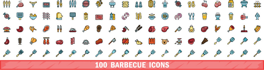 Fototapeta premium 100 barbecue icons set. Color line set of barbecue vector icons thin line color flat on white
