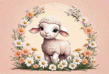 Funny cartoon character. Spring sheep in red and white flowers.
