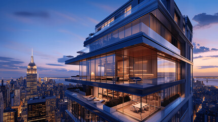 Modern High-Rise Penthouse with New York City Skyline at Twilight