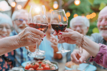 Happy group of senior friends cheering with wine at the dinner party outdoor. Joyful elderly lifestyle concept.